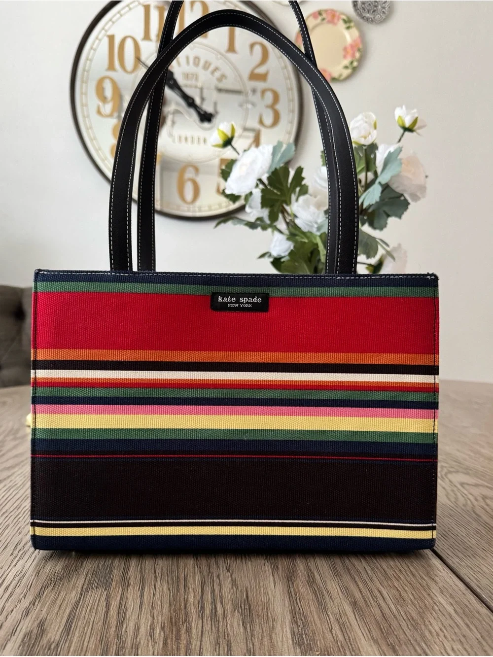 kate spade Vintage Multicolor Striped Canvas Tote with Black Trim